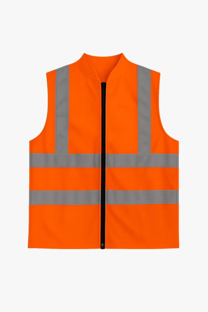 Chaleco de alta visibilidad en color naranja, ligero y resistente, ideal para seguridad industrial y trabajos en exteriores.