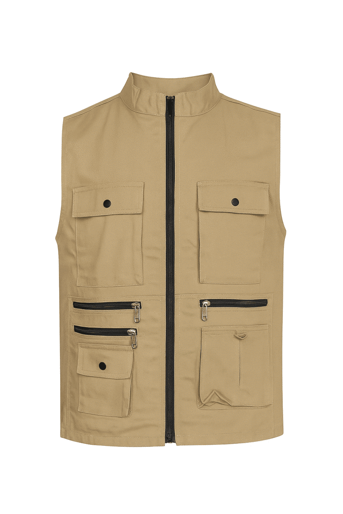 Chaleco en dril para hombre color caqui con múltiples bolsillos, ideal para trabajo o actividades al aire libre"
